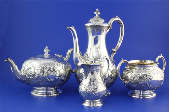 An Edwardian four piece silver tea and coffee service by Goldsmiths & Silversmiths Co Ltd, gross 64.5 oz.